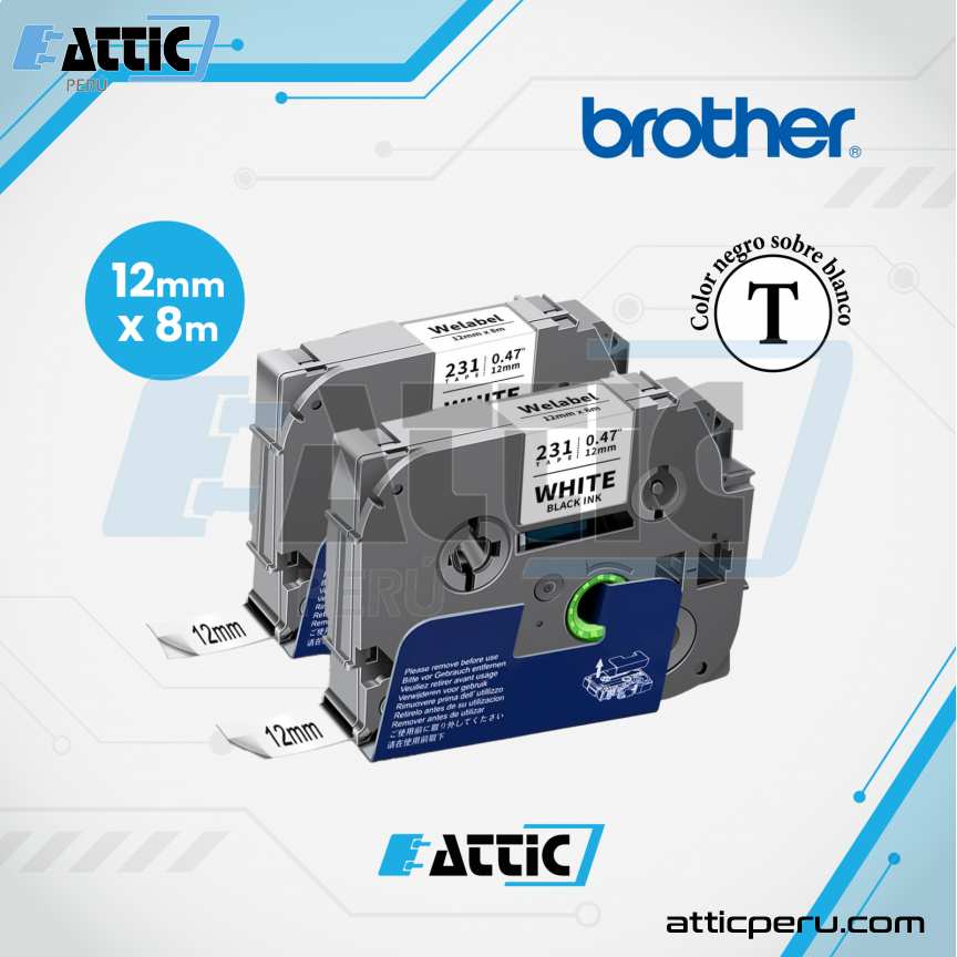 Cinta Compatible BROTHER 12mm x 8m Negro sobre Blanco TZc-FX231